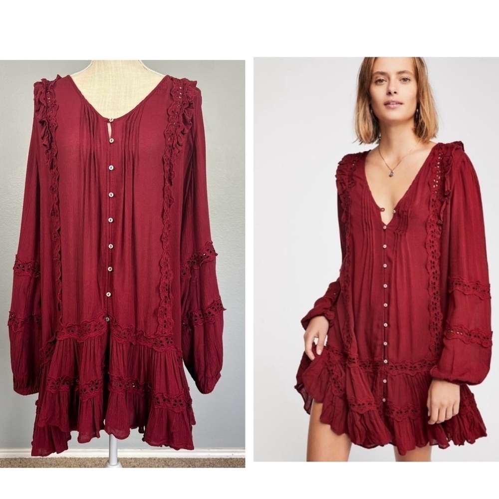 Free People Snow Angel Trapeze Ruffled Dress Burgundy S Boho Whimsigoth